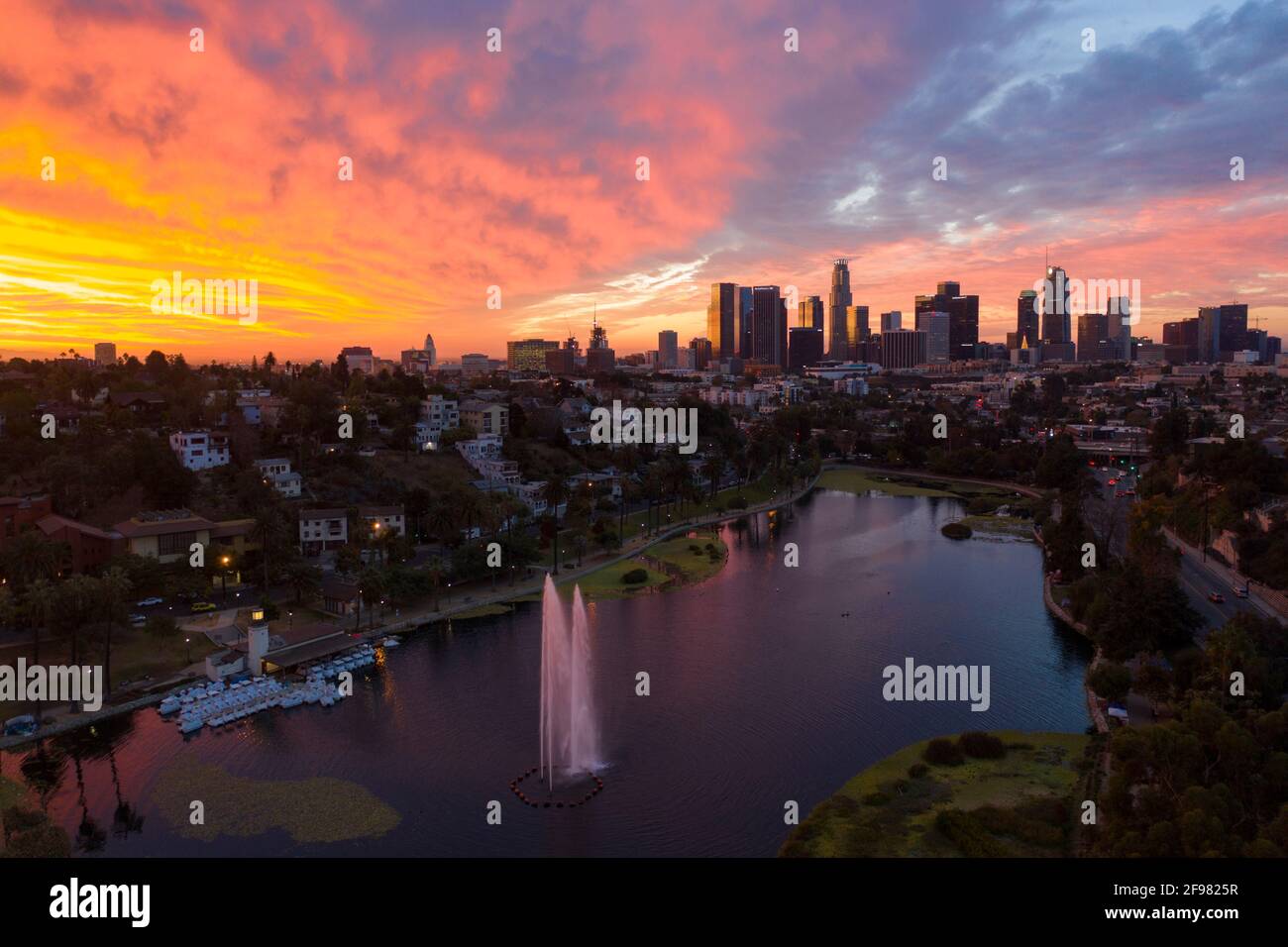 Spectacular sunrise over Echo Park Lake with the downtown Los Angeles skyline in the distance Stock Photo