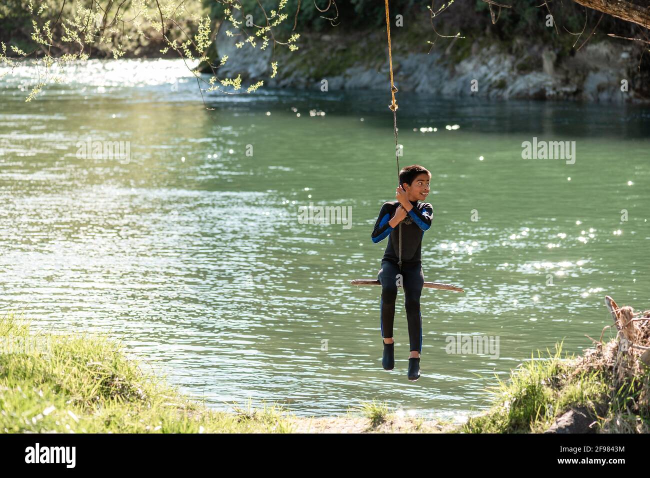 New Zealand Photos  Young boy smiling and sharing a rope swing