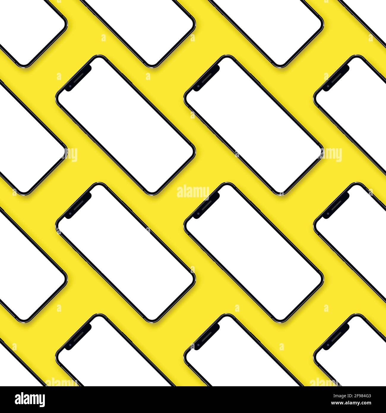 Smartphones UI presentation mockup. Many smartphones on yellow background. Stock Vector