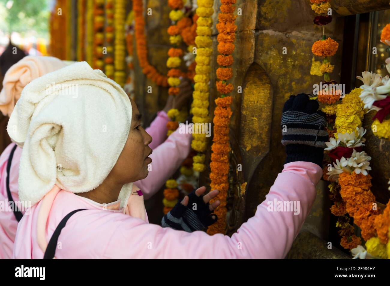 India, Bodhgaya, scenes at the Mahabodhi temple, believing women Stock Photo