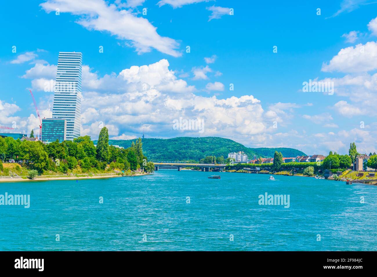 Rhine Riverside Riverside of Rhine dominated by the Roche tower in Switzerland Stock ...
