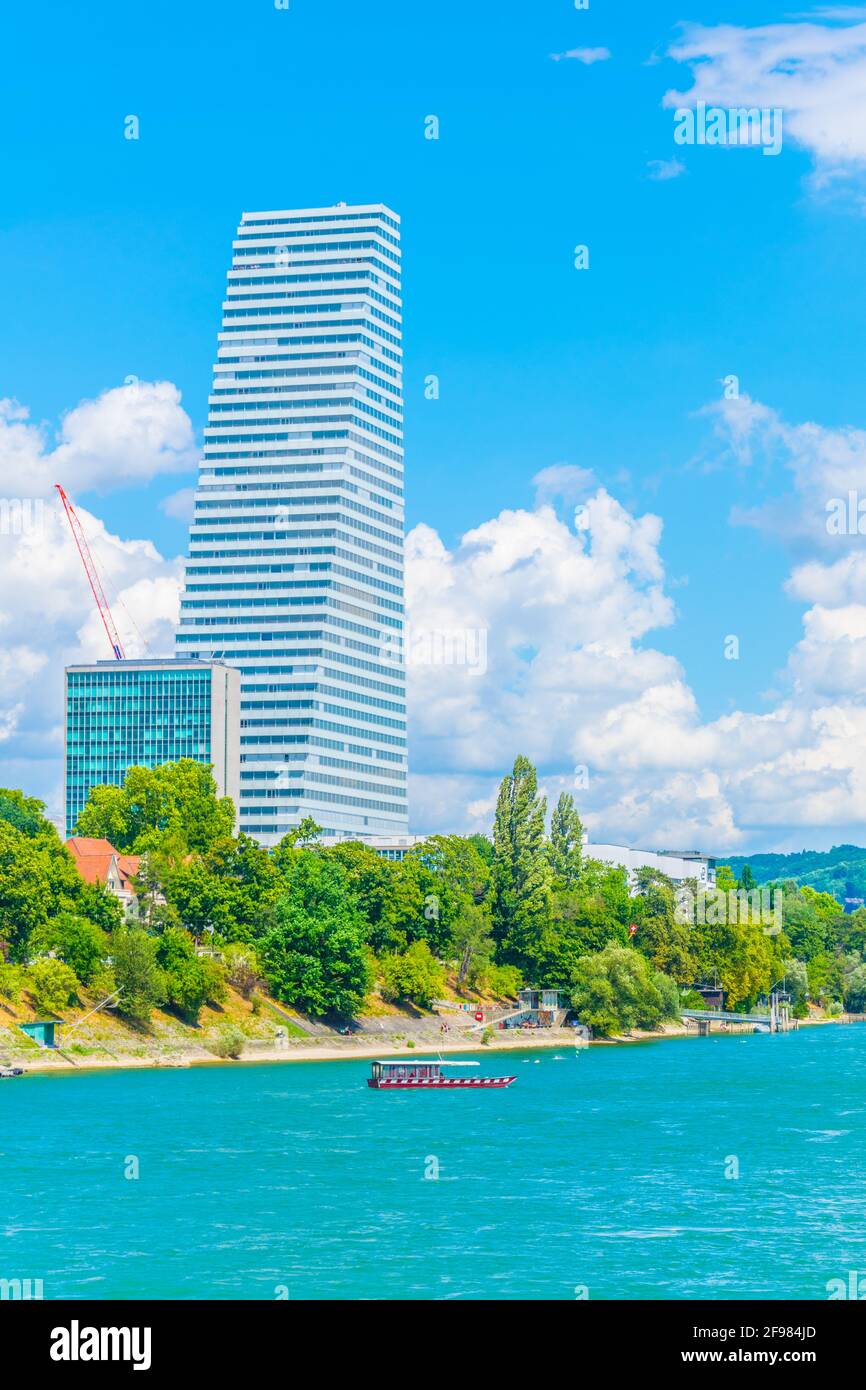 Rhine Riverside Riverside of Rhine dominated by the Roche tower in Switzerland Stock ...