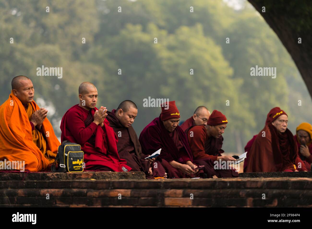 India, Sarnath, Dhamekh Stupa, monks, prayer, sermon Stock Photo