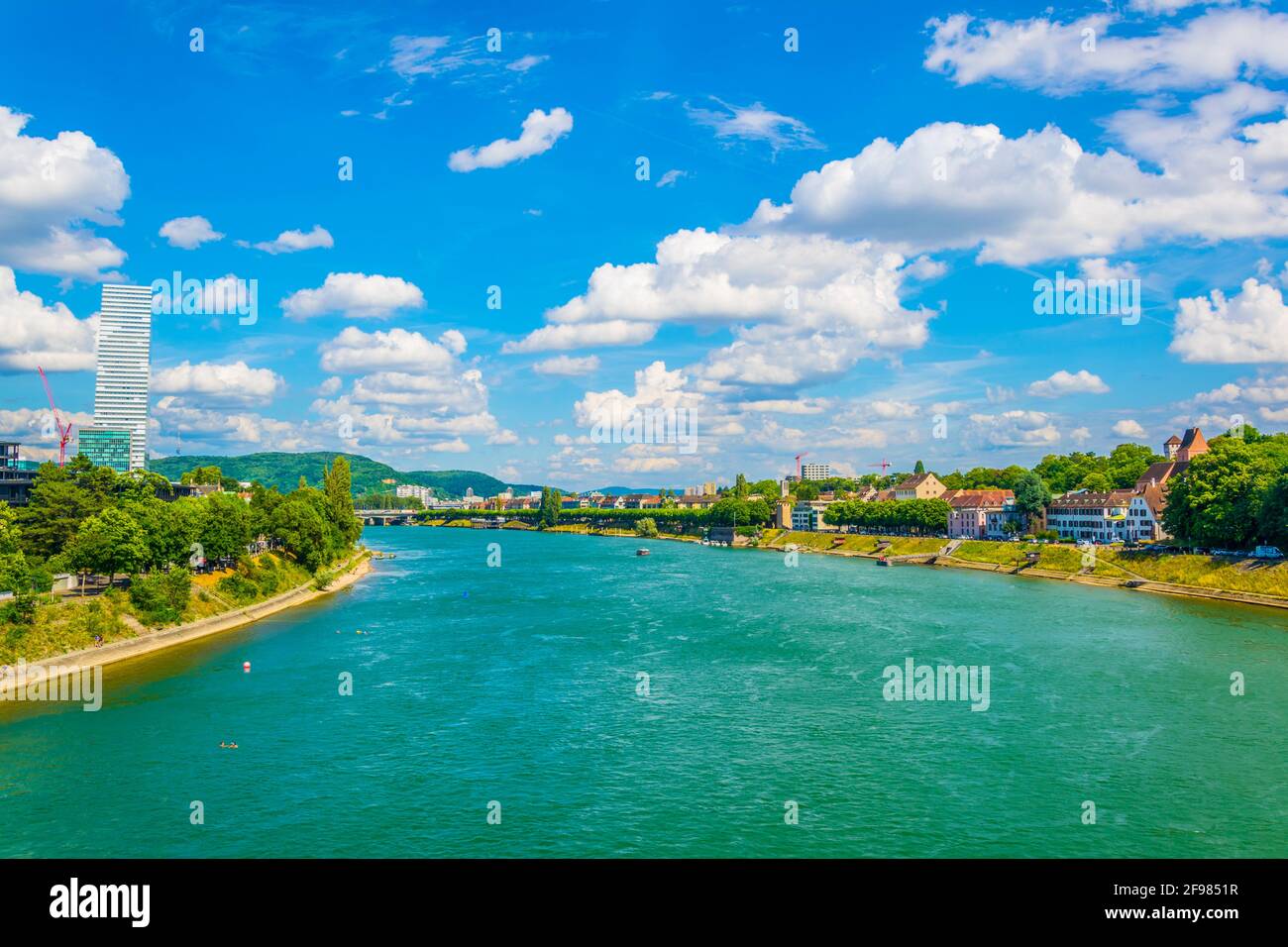 Rhine Riverside Riverside of Rhine dominated by the Roche tower in Switzerland Stock ...