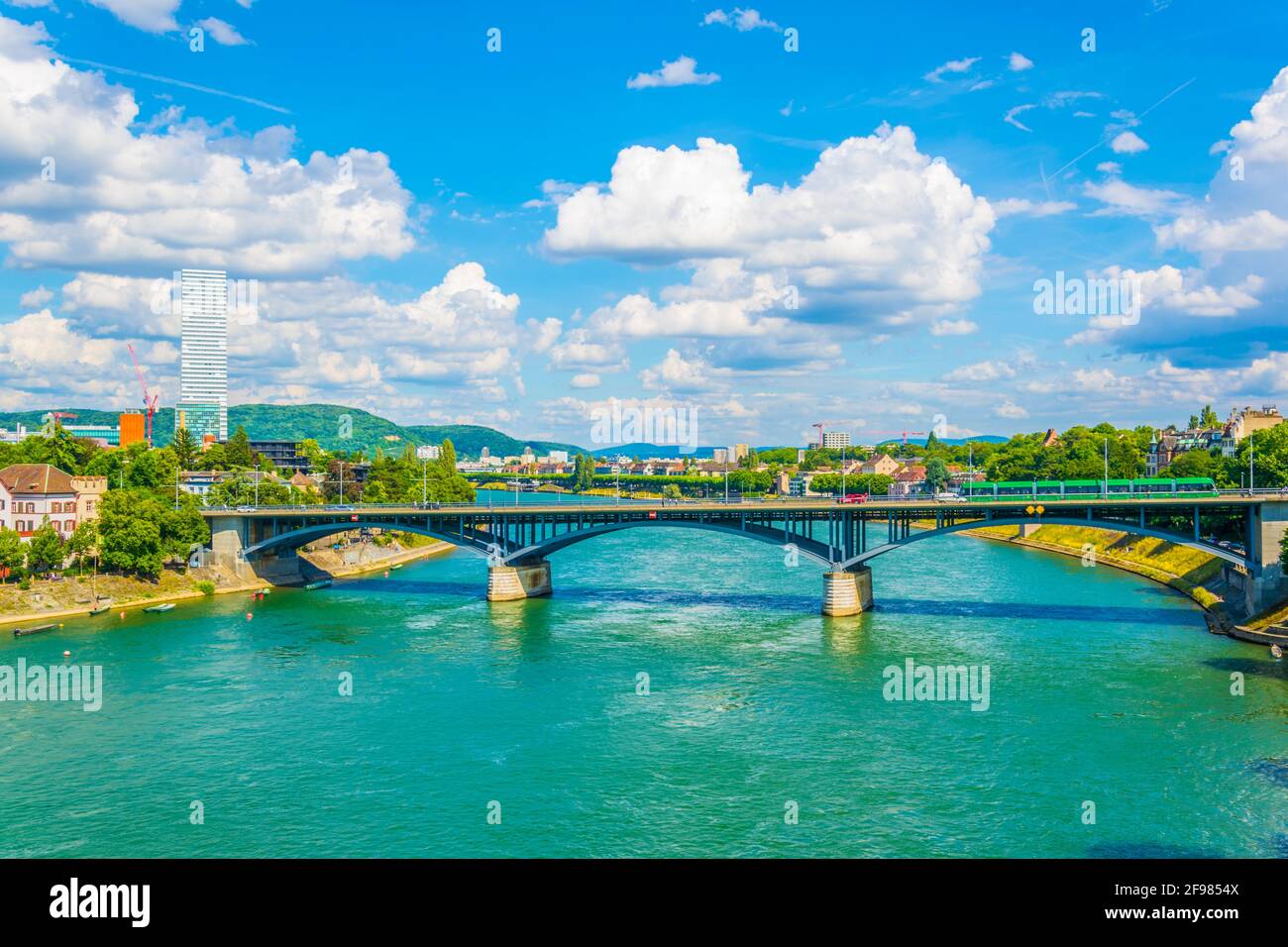 Rhine Riverside Riverside of Rhine dominated by the Roche tower in Switzerland Stock ...