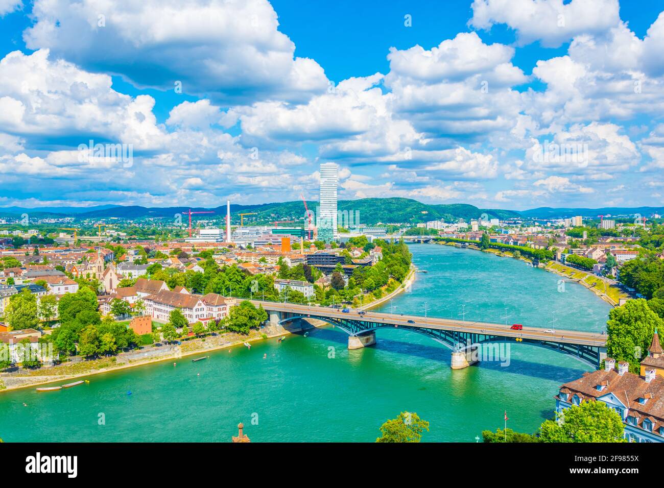 Rhine Riverside Riverside of Rhine dominated by the Roche tower in Switzerland Stock ...