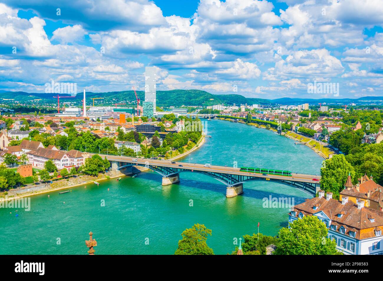 Rhine Riverside Riverside of Rhine dominated by the Roche tower in Switzerland Stock ...