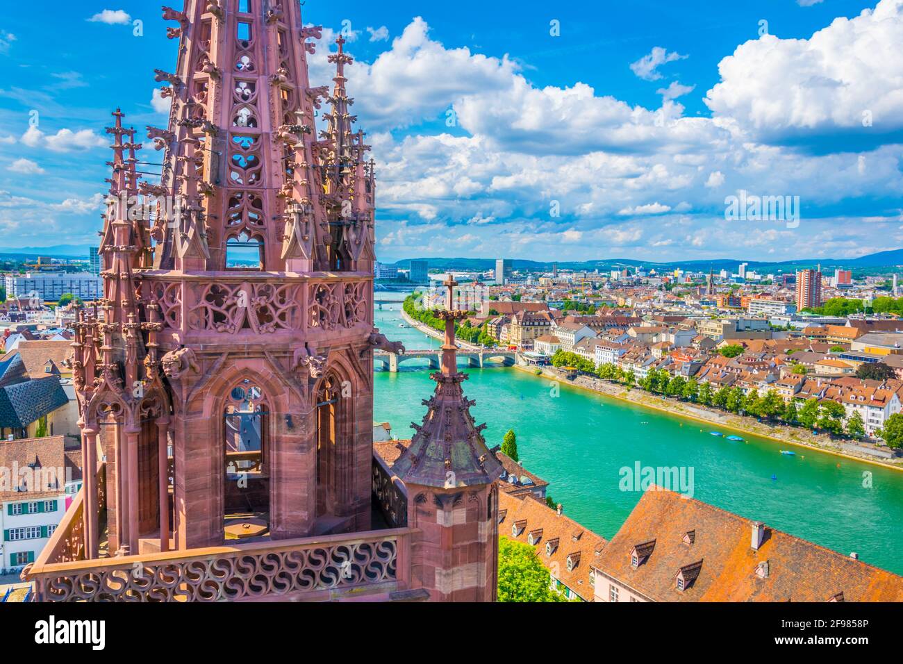 Rhine Riverside Riverside of Rhine in Basel dominated by majestic building of Munster ...
