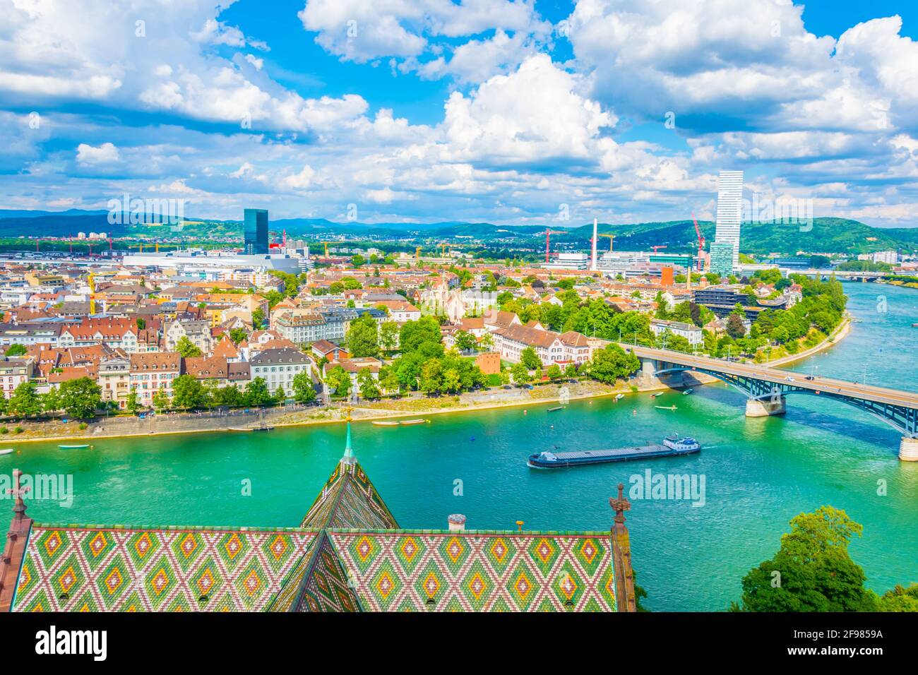 Rhine Riverside Riverside of Rhine dominated by the Roche tower in Switzerland Stock ...
