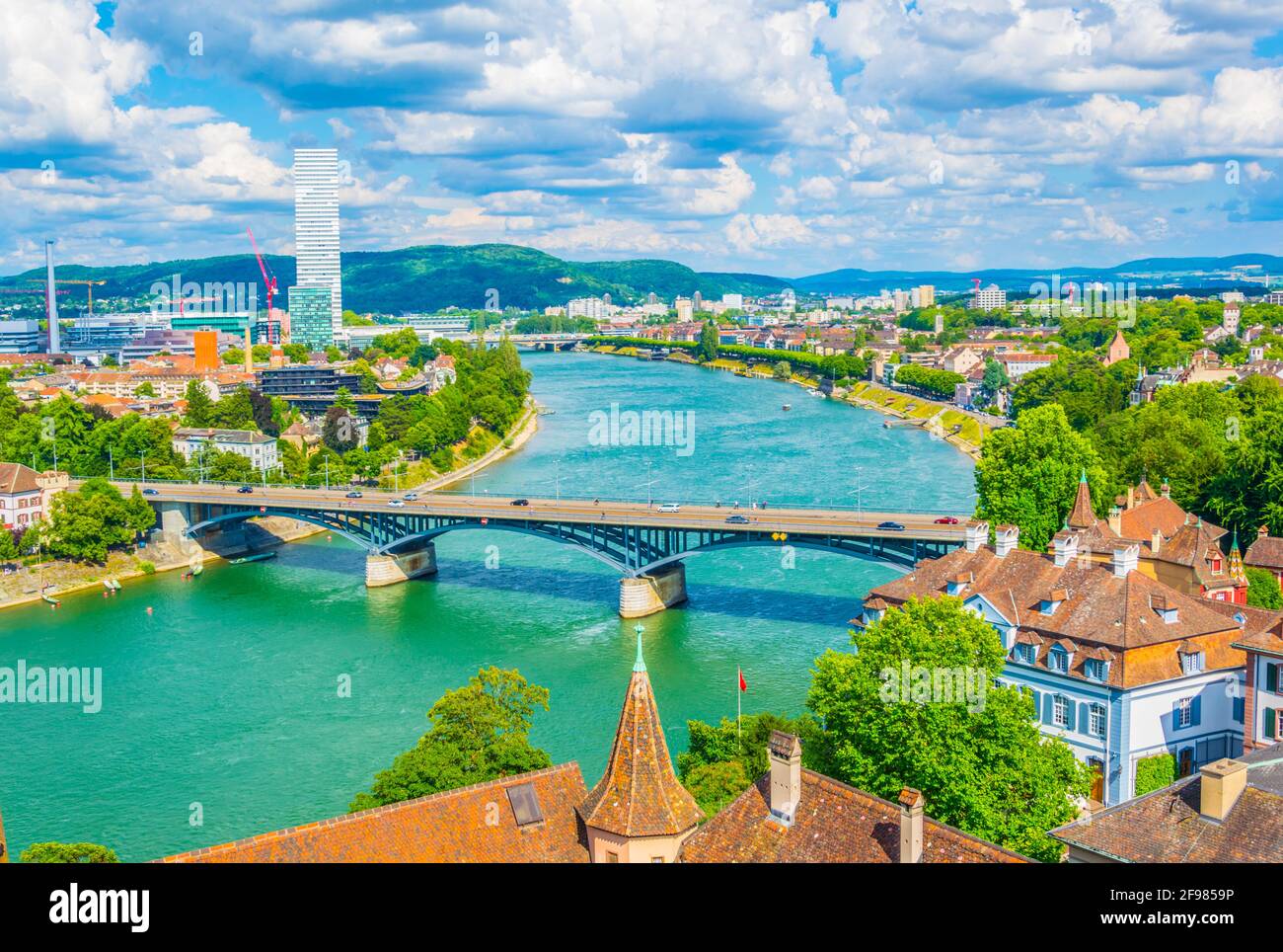 Rhine Riverside Riverside of Rhine dominated by the Roche tower in Switzerland Stock ...