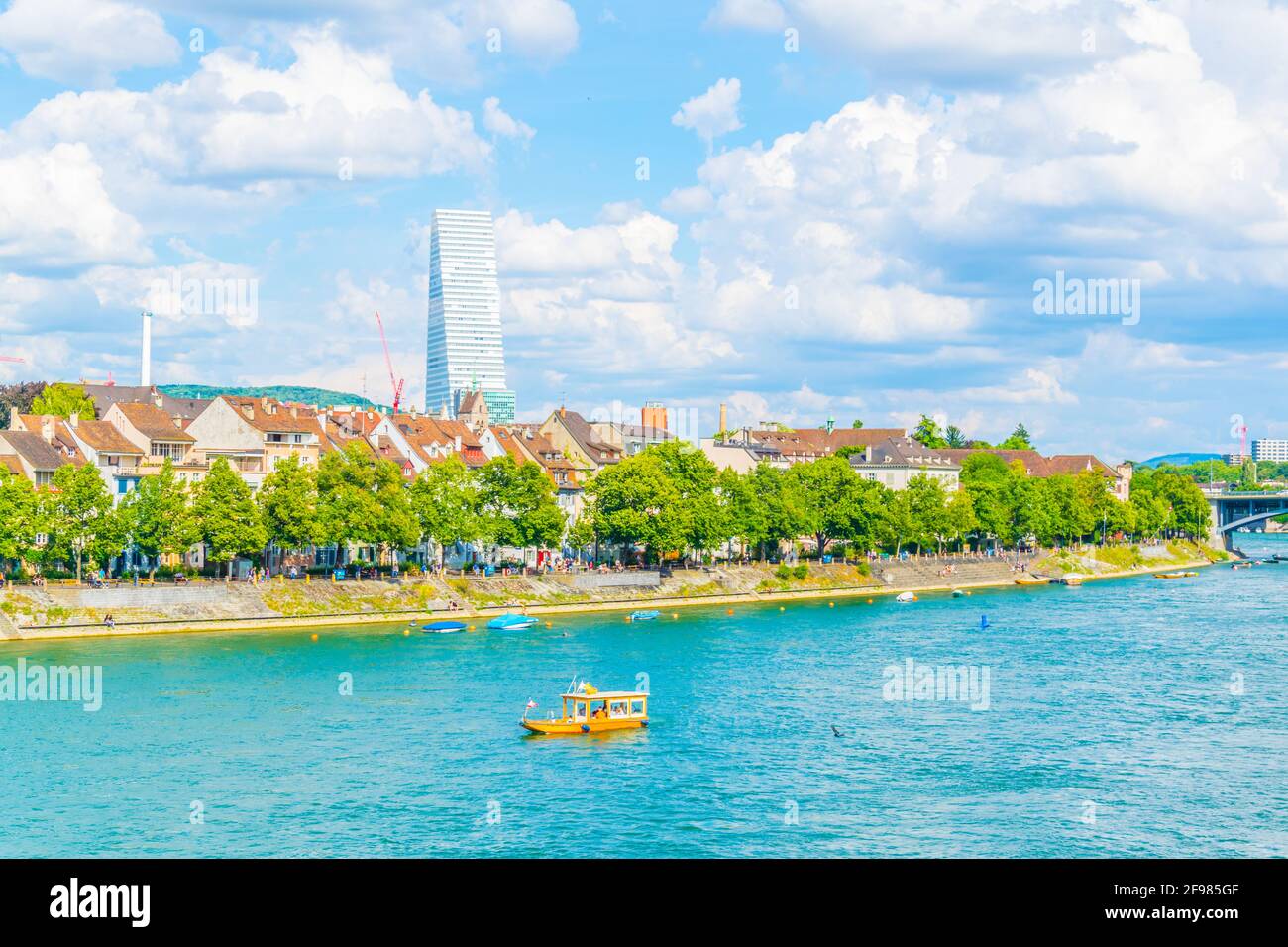 Rhine Riverside Riverside of Rhine dominated by the Roche tower in Switzerland Stock ...