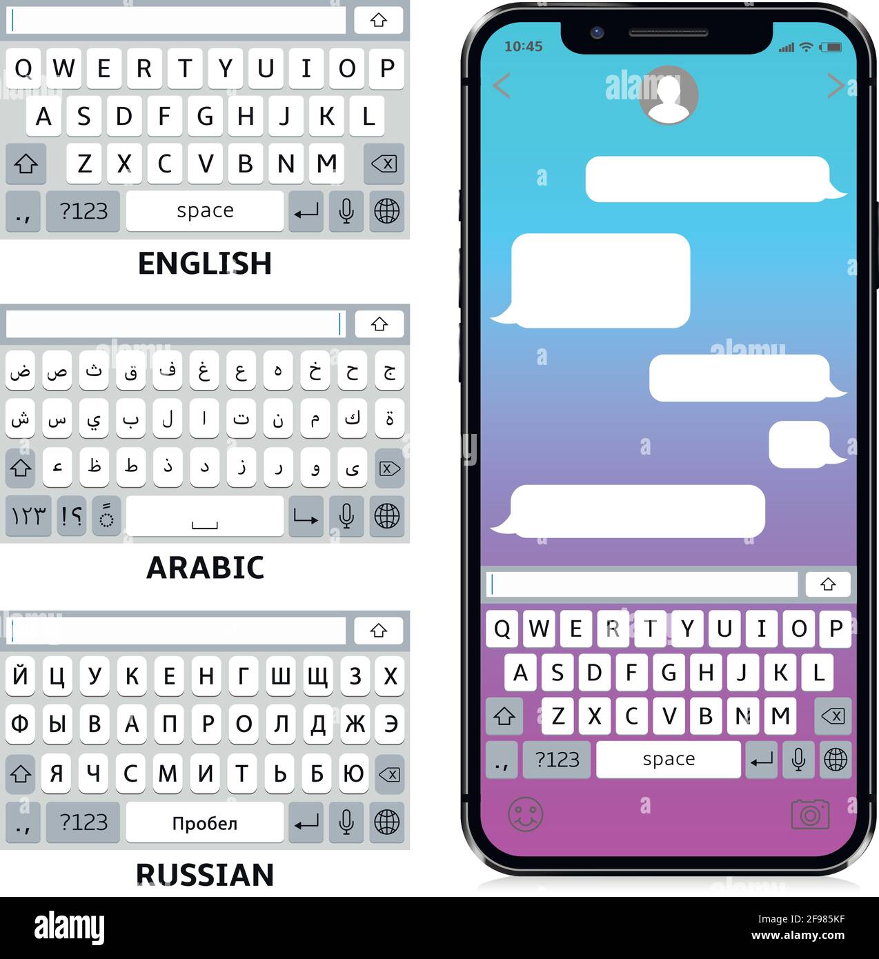 English, Arabic, Russian phone keyboards Stock Vector