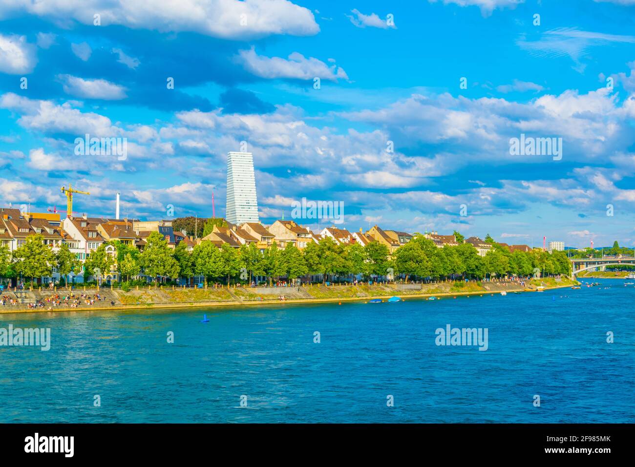 Rhine Riverside Riverside of Rhine dominated by the Roche tower in Switzerland Stock ...