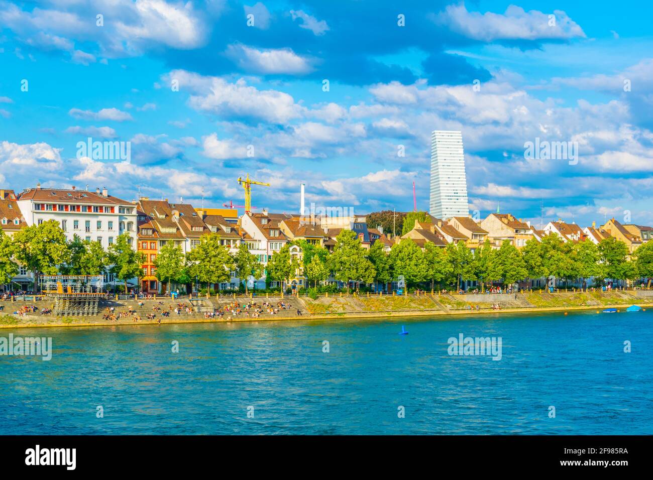 Rhine Riverside Riverside of Rhine dominated by the Roche tower in Switzerland Stock ...