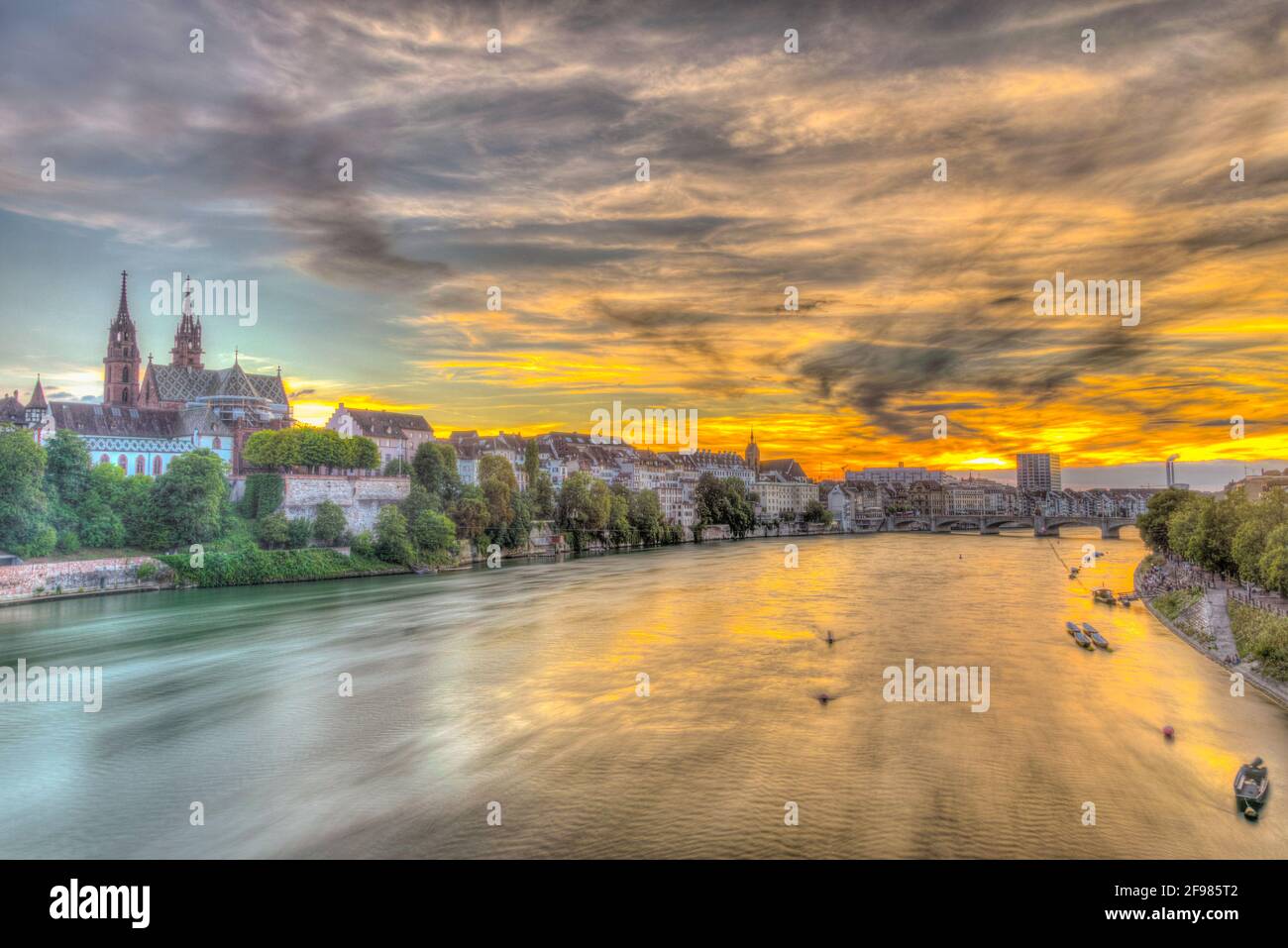 Sunset view of riverside of Rhine in Basel dominated by majestic ...