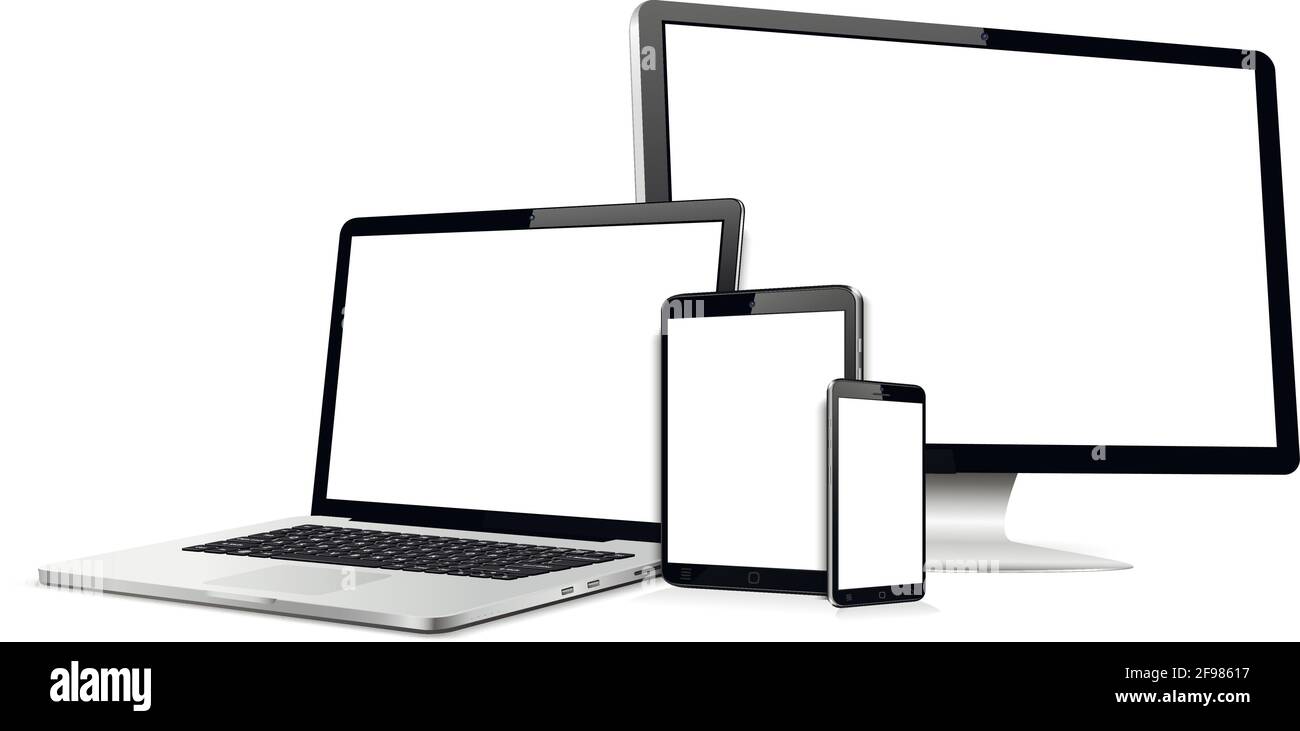 Digital device screen mock up. Smartphone, tablet, laptop, computer screen with blank screen. Stock Vector