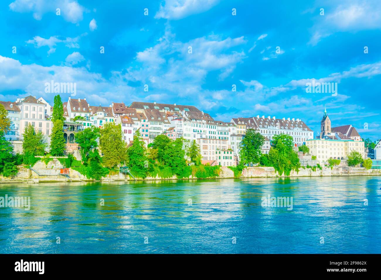 Riverside of Rhine in Basel with Saint Martin church, Switzerland Stock ...