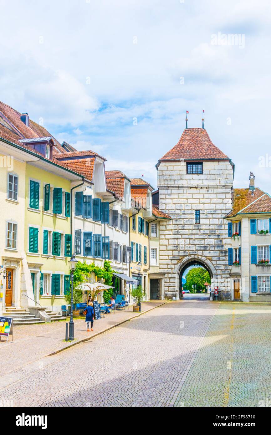 People are entering swiss town Solothurn through Baseltor, Switzerland Stock Photo