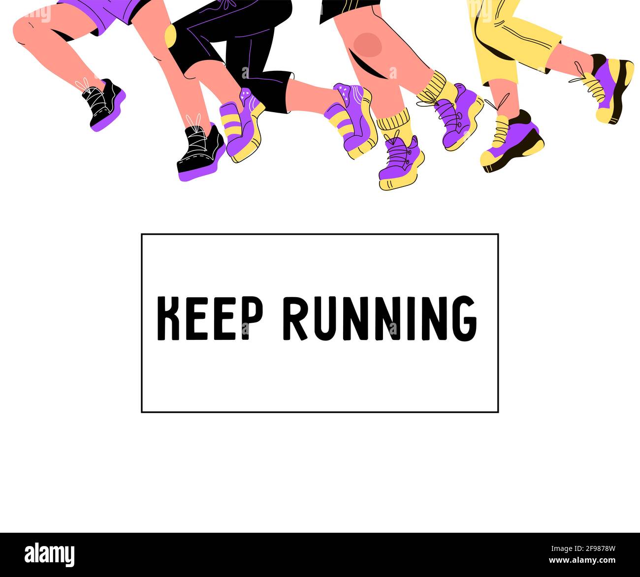 Keep running banner idea with legs of runners in sport shoes, cartoon vector illustration. Run competition or marathon bright colorful banner or poste Stock Vector