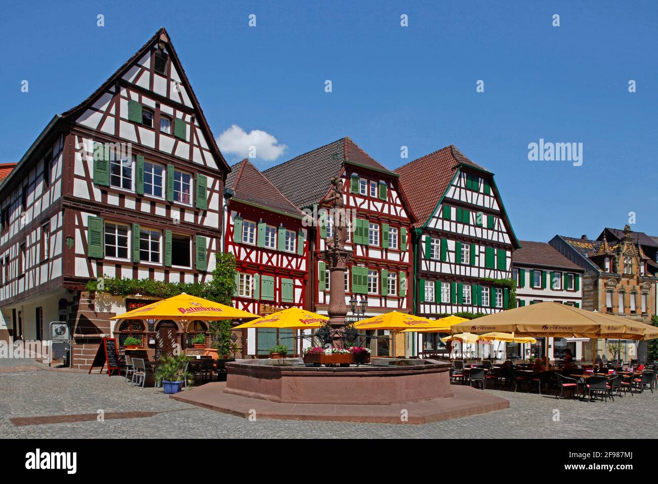 Marketplace, market fountain, half-timbered houses, Bretten, Kraichgau, Ldkrs.Karlsruhe, Baden-Württemberg, Germany Stock Photo