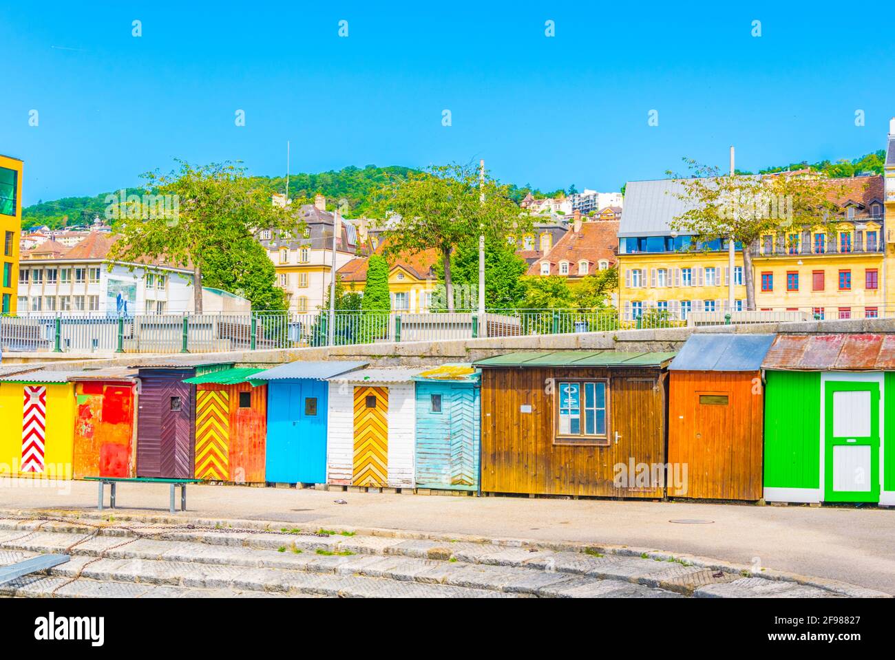 Colorful houses at the Neuchatel port, Switzerland Stock Photo Alamy