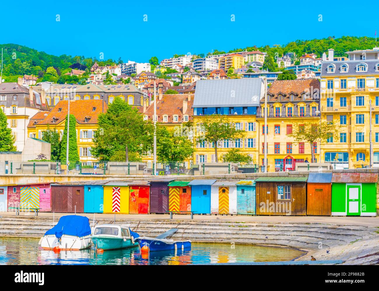 Colorful houses at the Neuchatel port, Switzerland Stock Photo Alamy