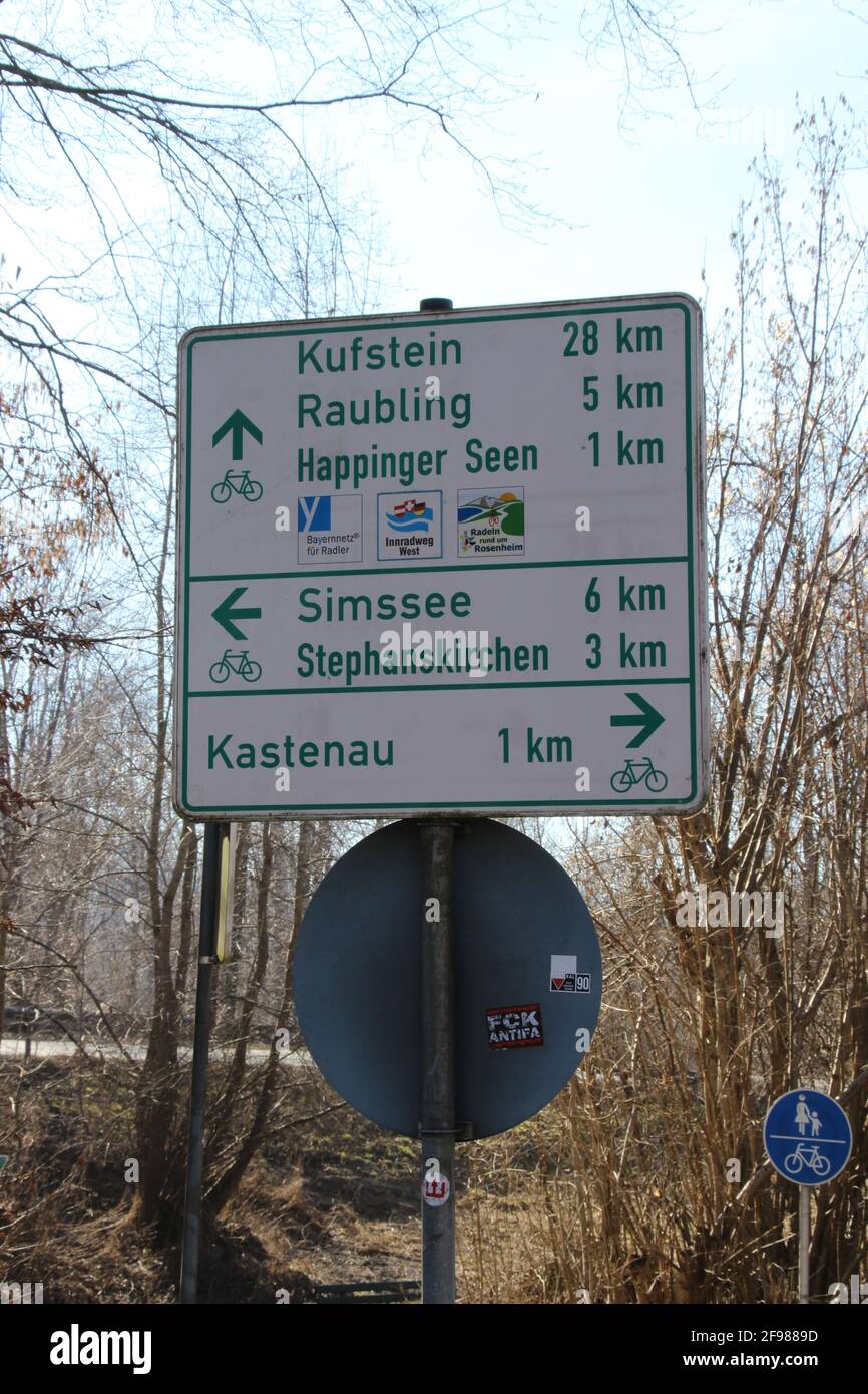 Cycle touring sign, information sign, Kufstein, Raubling, Happinger Seen, Simssee, Stephanskirchen, Kastenau cycle path, cycle paths Stock Photo