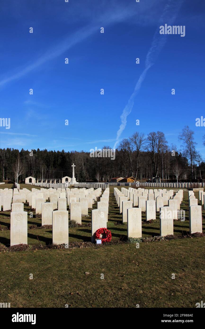 Germany, Upper Bavaria, Dürnbach, military cemetery, graves Bavaria, close Miesbach, cemetery, 'War Cemetery', commemoration, memory, World War I, 1939-45, resting place, memorial site, memorial stones, gravestones, fallen soldiers, war victims, loss, death, mourning Stock Photo