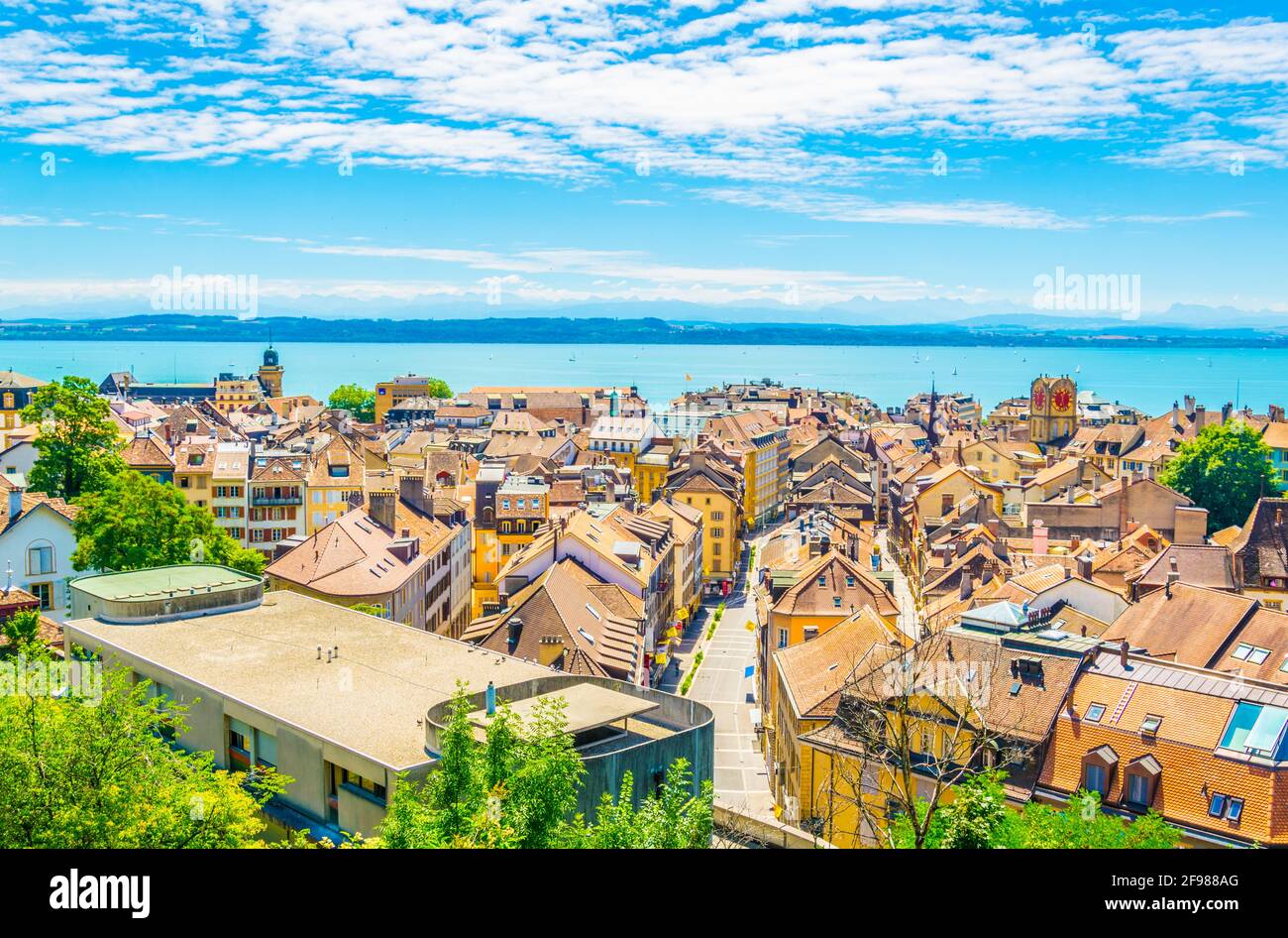 Aerial View Of Neuchatel Town And Neuchatel Lake Switzerland Stock 