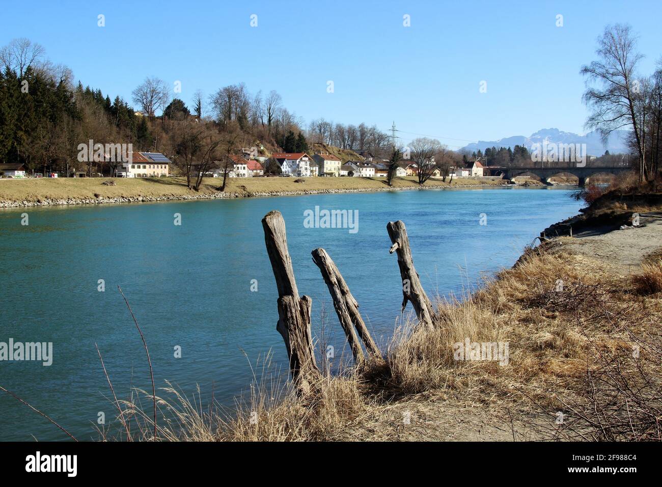 Walk on beautiful Inn in Rosenheim, blue sky, atmospheric, Germany, Bavaria, Upper Bavaria, Stock Photo