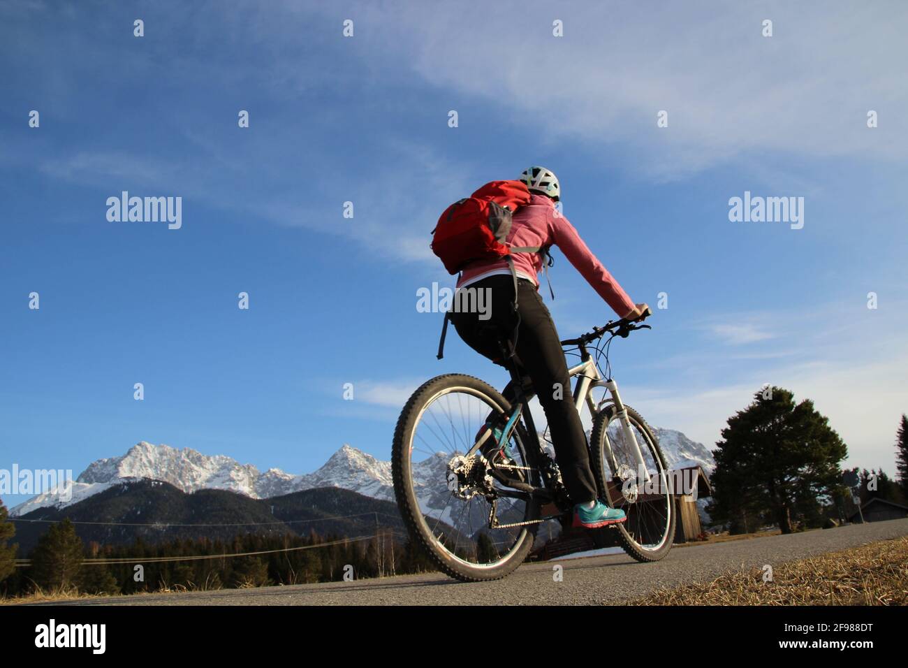 Bicycle tour with a mountain bike in the hump meadows near Mittenwald, Germany, Bavaria, Upper Bavaria, Isar Valley, road, path, bicycle helmet, bicycle, Karwendel Mountains, blue sky Stock Photo