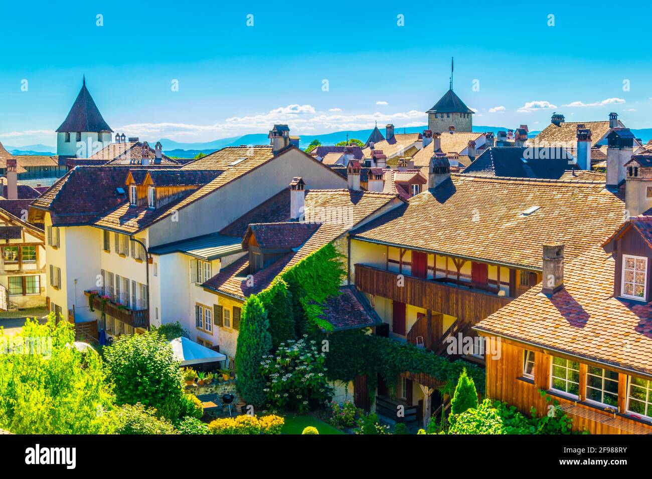 Aerial View Of The Historical Center Of Murten Switzerland Stock Photo aerial-view-of-the-historical-center-of-murten-switzerland-stock-photo