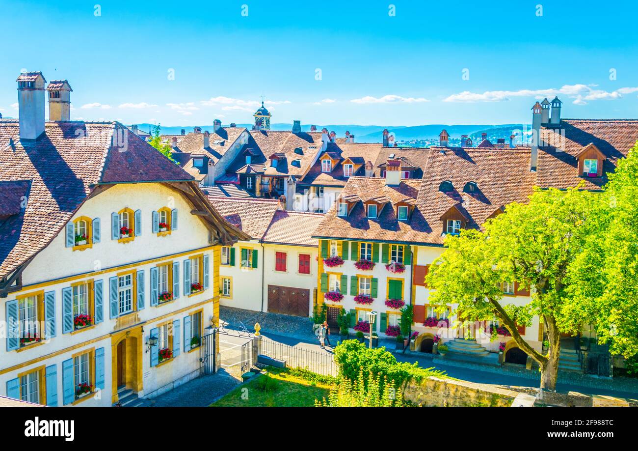 Aerial View Of The Historical Center Of Murten Switzerland Stock Photo aerial-view-of-the-historical-center-of-murten-switzerland-stock-photo