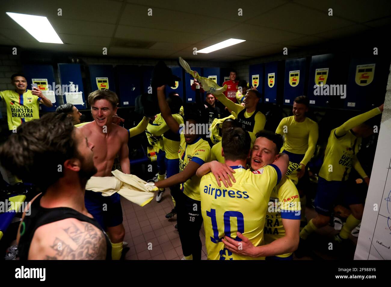 LEEUWARDEN, NETHERLANDS - APRIL 16: Players of Cambuur celebrate their sides almost secured promotion to the Eredivisie during the Keuken Kampioen Div Stock Photo