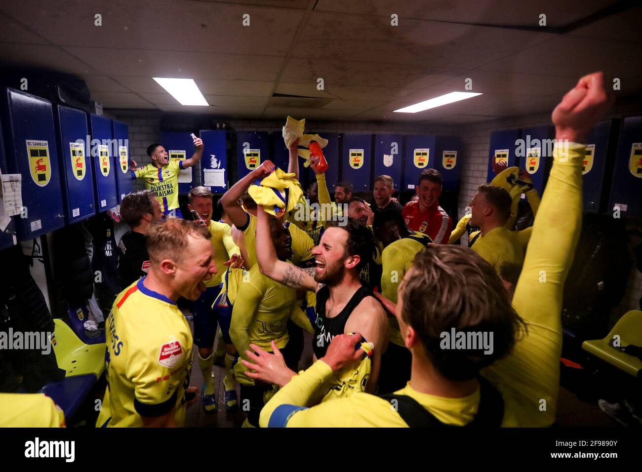 LEEUWARDEN, NETHERLANDS - APRIL 16: Players of Cambuur celebrate their sides almost secured promotion to the Eredivisie during the Keuken Kampioen Div Stock Photo