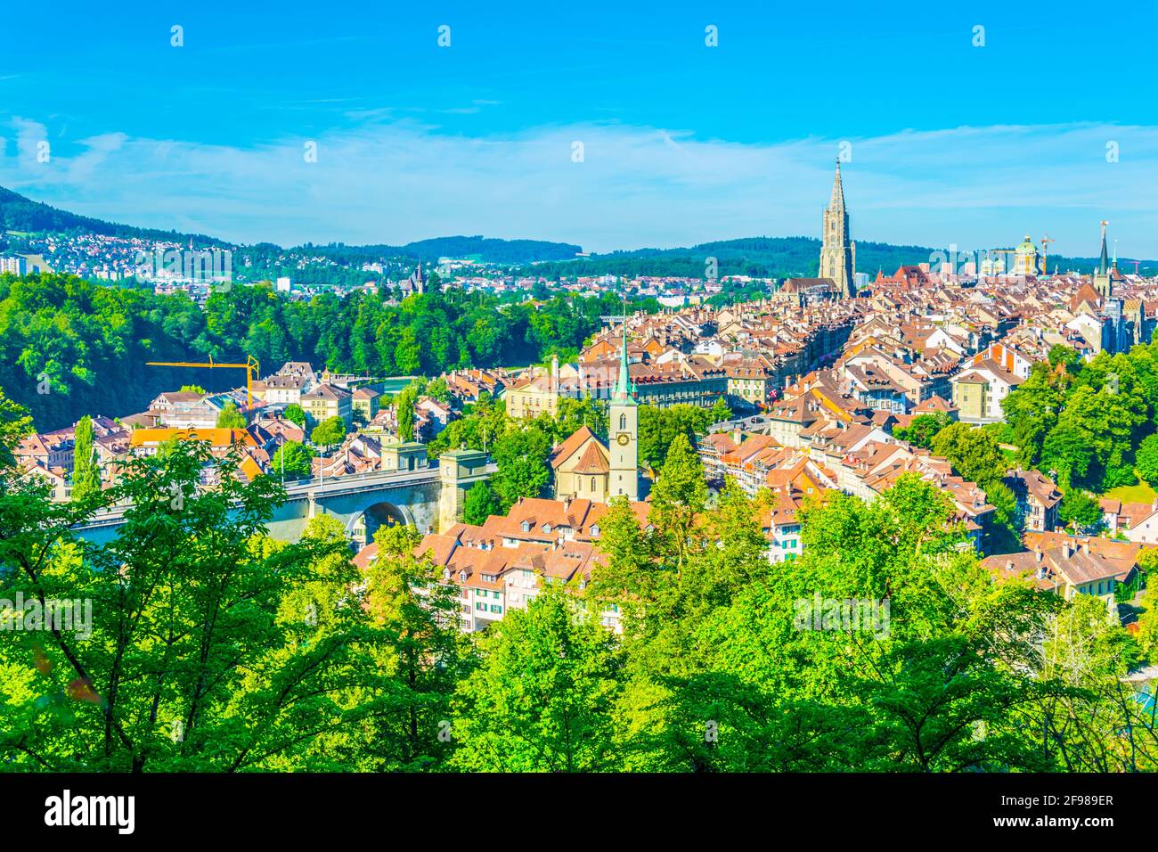 Aerial view of Bern dominated by Münster cathedral and Bundeshaus, Switzerland Stock Photo