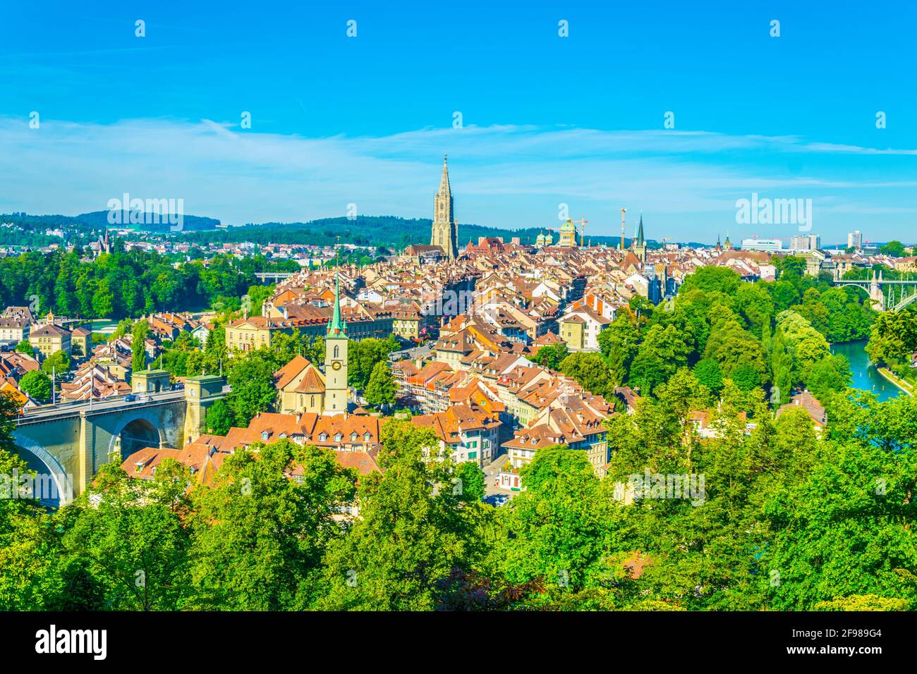 Aerial view of Bern dominated by Münster cathedral and Bundeshaus, Switzerland Stock Photo