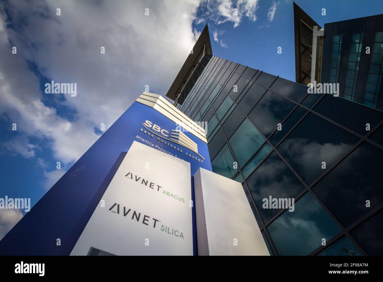 BELGARDE, SERBIA - MAY 31, 2020: Avnet Silica and Abacus logos in front of their main offices for Belgrade. Avnet is an american producer and manufact Stock Photo