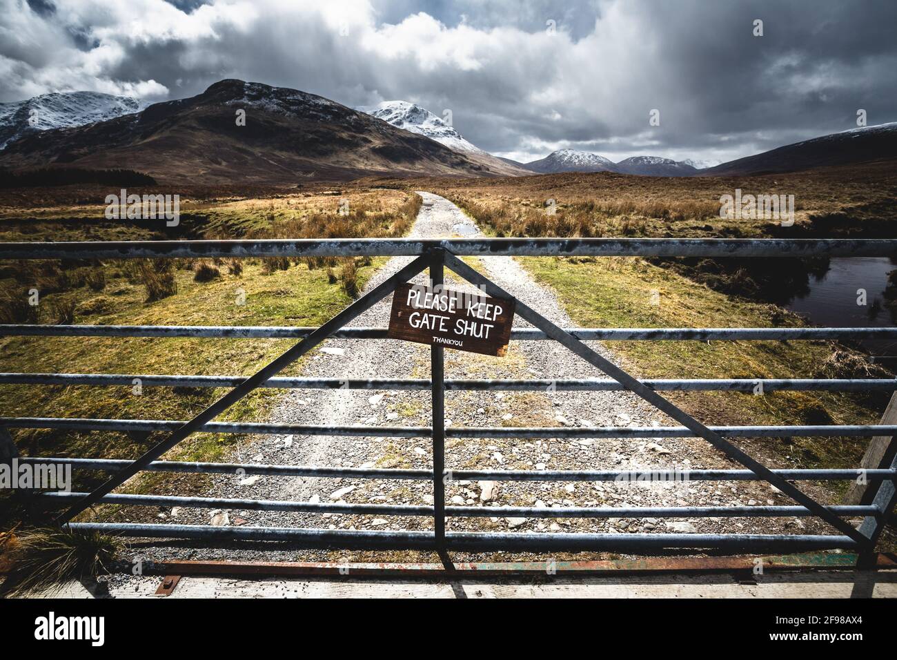 Scotland, Highlands, pasture fence, gate Stock Photo