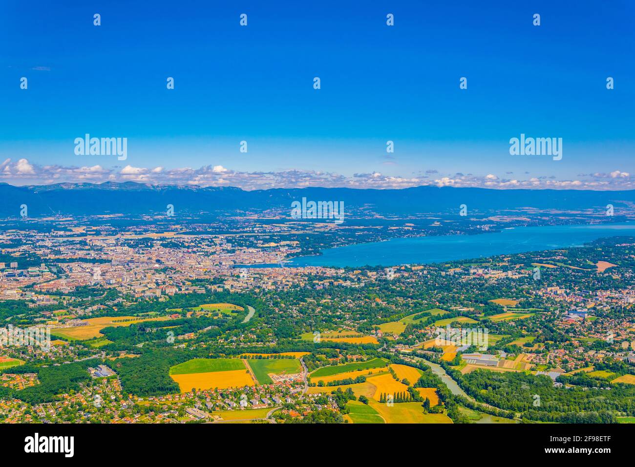 Aerial view of Geneva and Geneva lake from Mont Saleve, Switzerland ...