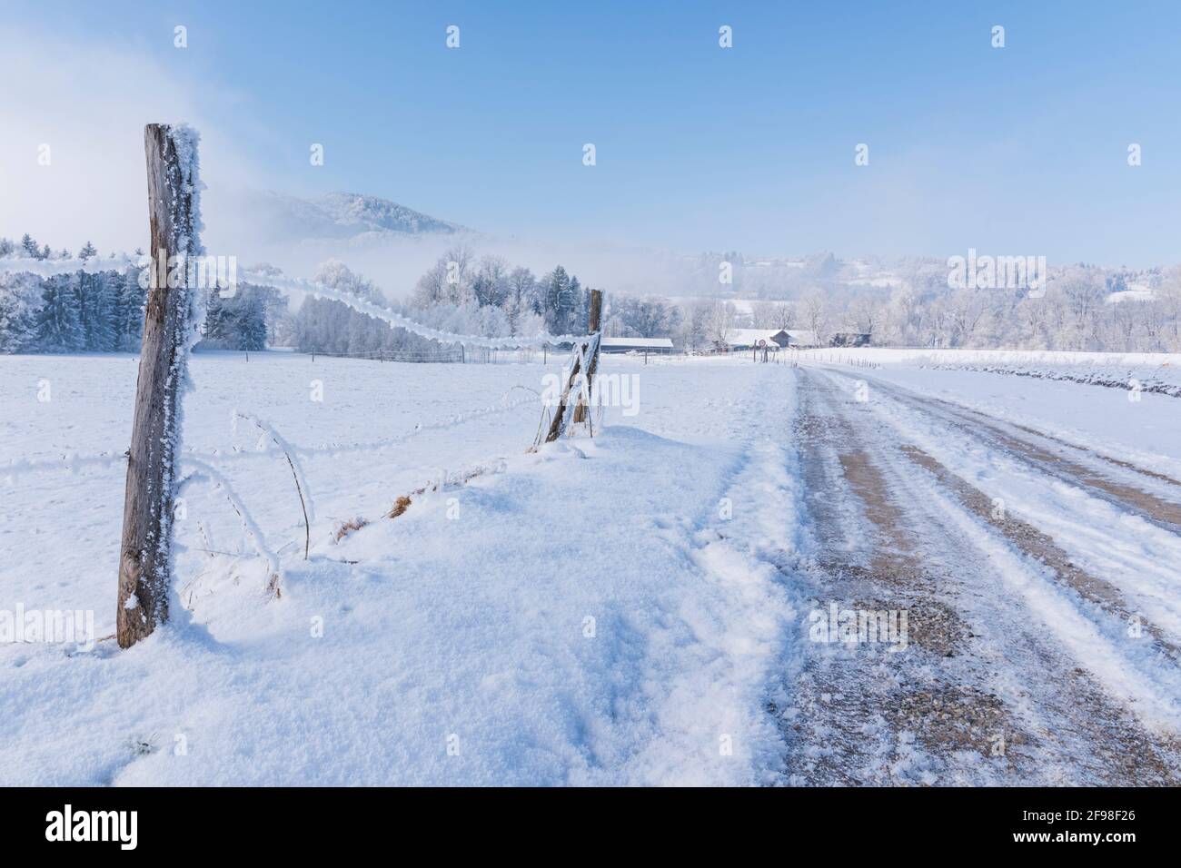 A magical winter morning in Schlehdorf am Kochelsee, Bavaria, with frost, sunshine, fog and freshly fallen snow. Fence with barbed wire, snow-covered path to a farm. Stock Photo