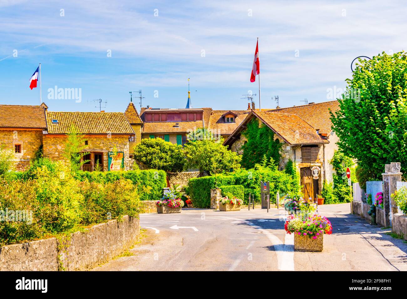 Traditional houses in french medieval town Yvoire situated next to the