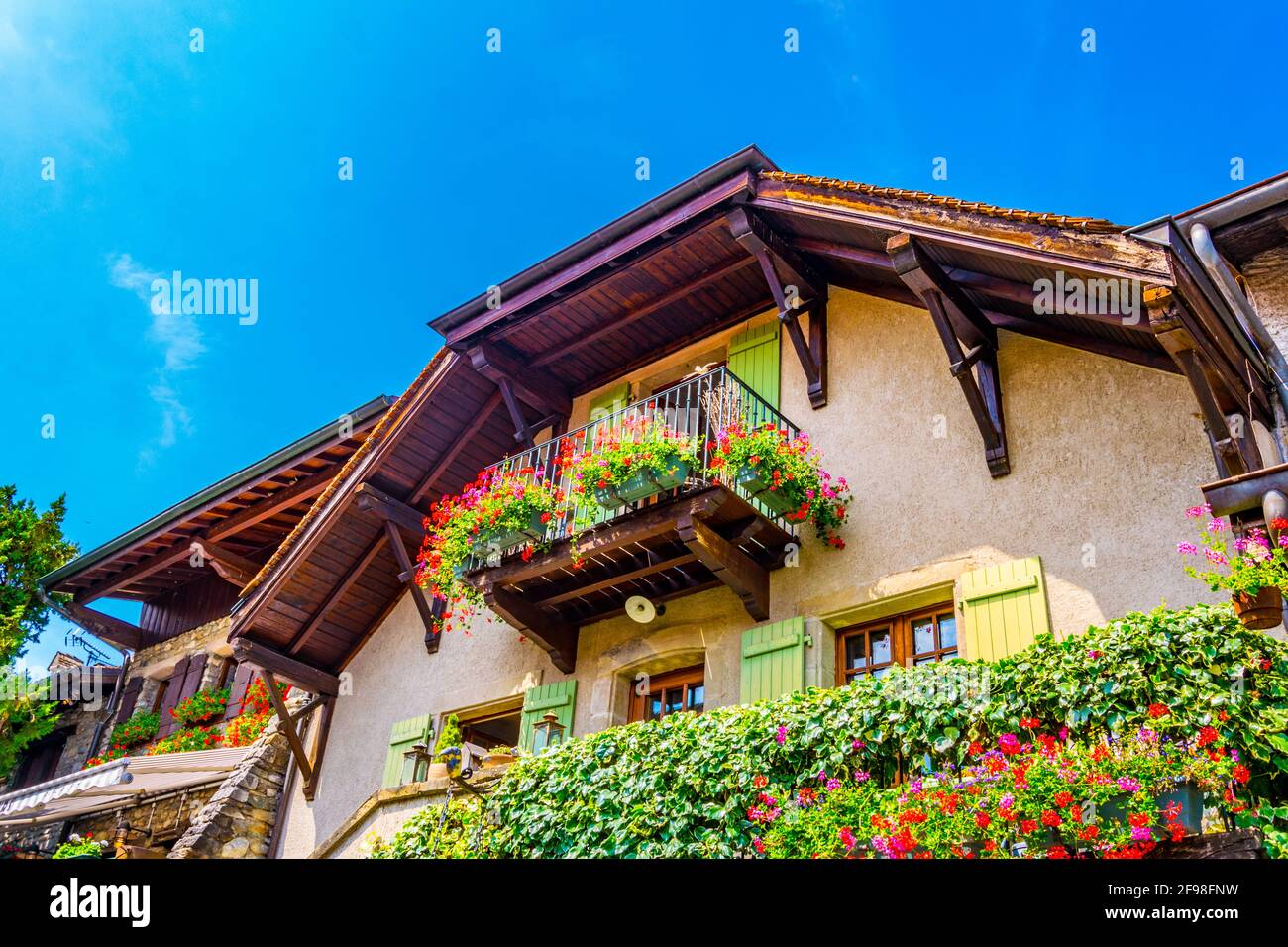 Traditional houses in french medieval town Yvoire situated next to the