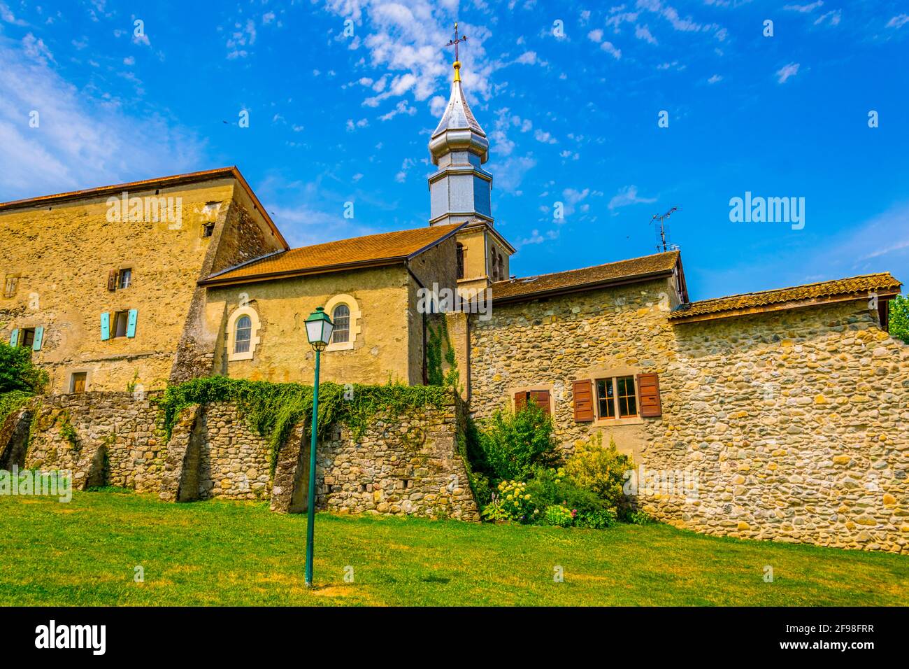 Traditional houses in french medieval town Yvoire situated next to the