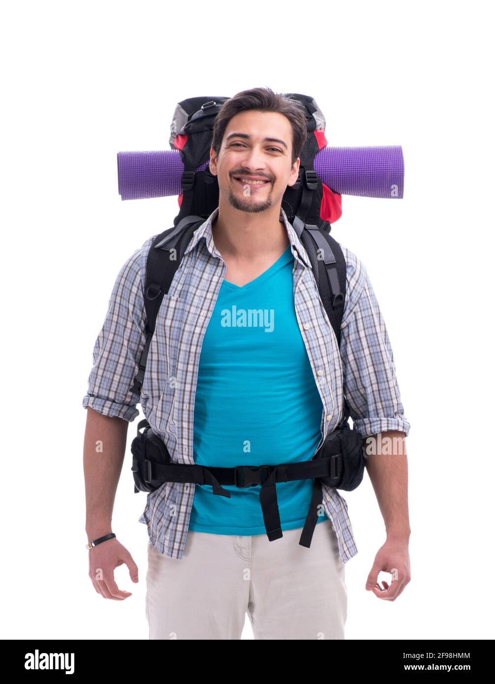 The backpacker with large backpack isolated on white Stock Photo - Alamy