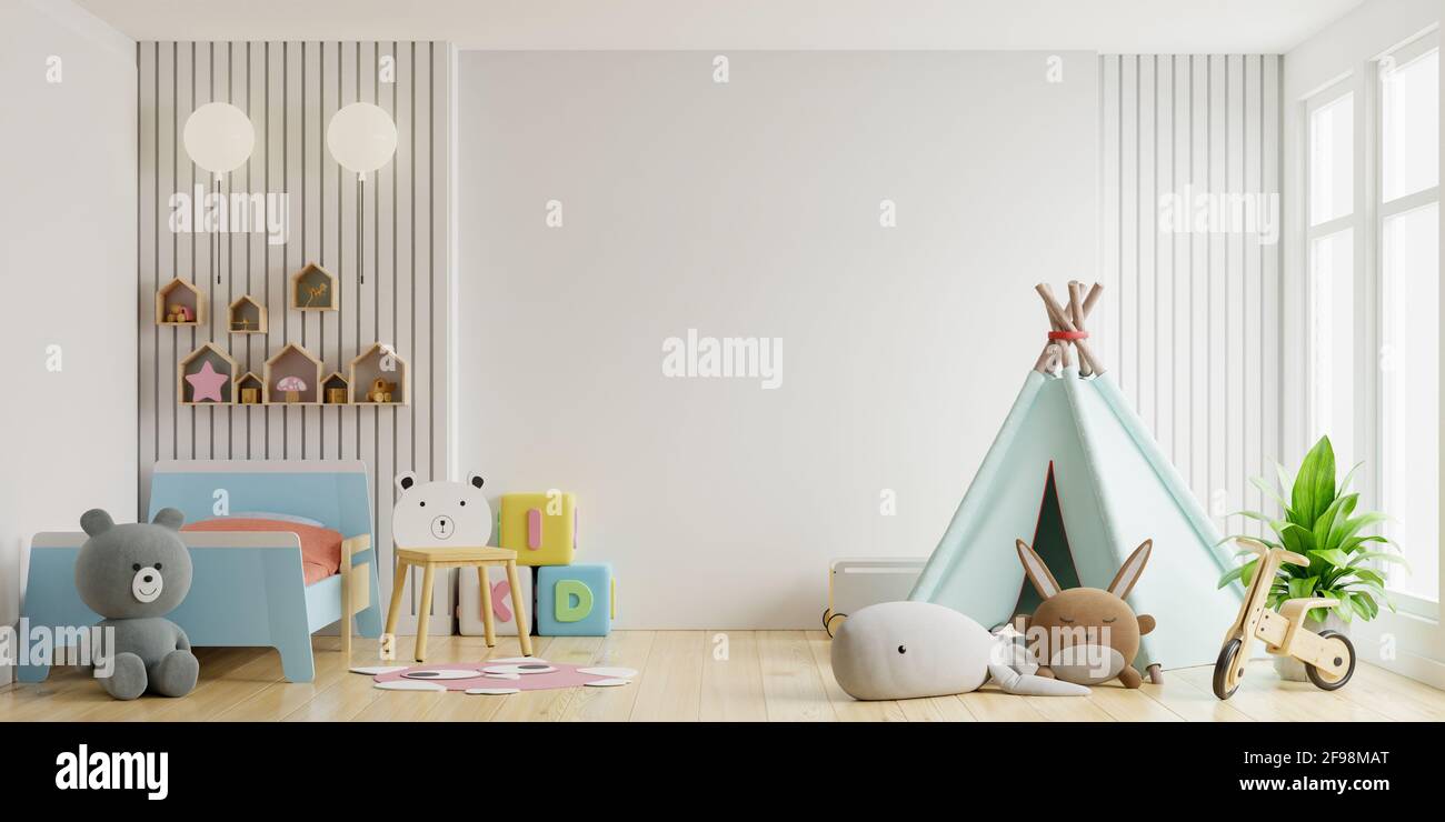 Mockup wall in the children's room on wall white background.3D ...