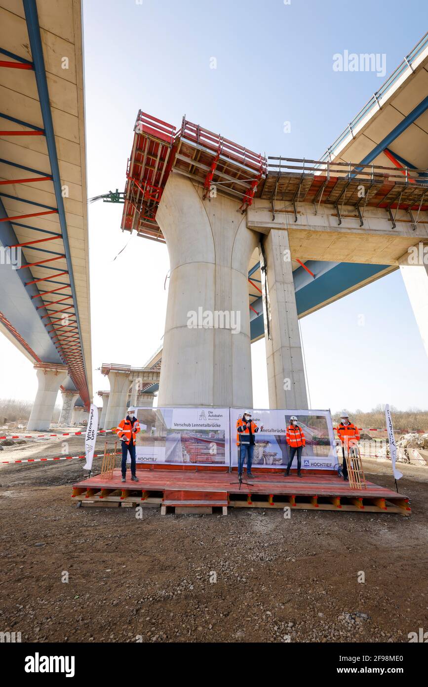 Hagen, North Rhine-Westphalia, Germany - New construction of the A45 Lennetal motorway bridge, the 1000m long Lennetal bridge will be moved from the temporary piers to the final bridge piers by means of hydraulic units on March 5, press conference with the project managers of Autobahn GmbH and Hochtief. Stock Photo