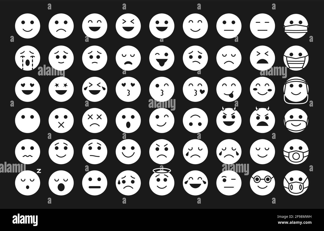 White silhouette funny emoji icons set. Great for glitch effect. Mood or  facial emotion symbol for chat app or web. Black eyes and line contour  smile. Emoticons in mask. Isolated vector illustration