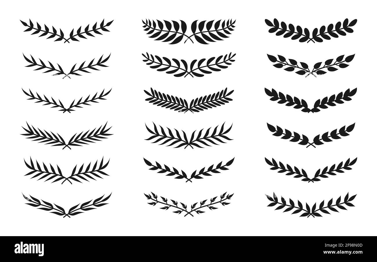 Black silhouette semicircular form vintage wreath icon set. Floral leaf ornament frame for your design depicting foliate borders. Laurel or olive branch. Great for poster. Isolated vector illustration Stock Vector