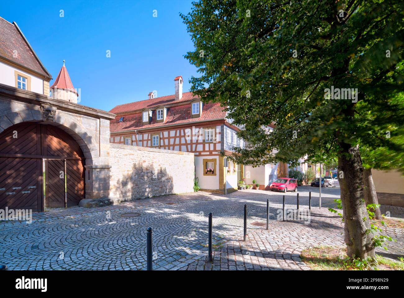 Half-timbered house, house facade, front door, window, Seßlach, Franconia, Bavaria, Germany, Stock Photo